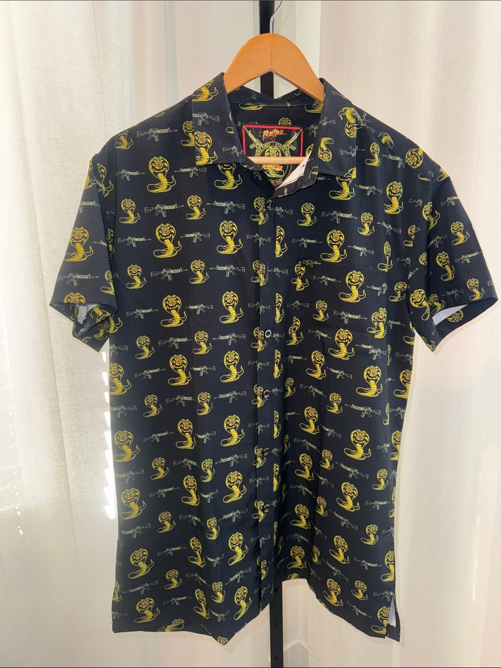 Etro Black Short-Sleeve Button-Down with Yellow Cobra Motif